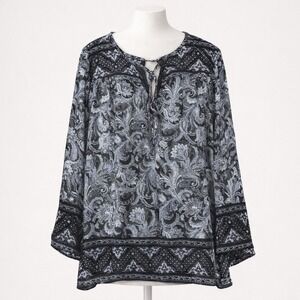 Belle By Kim Gravel Blouse Size XL Black Multi Print Tunic Boho Flowy Office